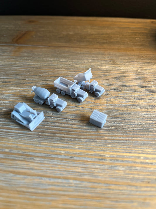 Z SCALE 1:220CONSTRUCTION 5 pc. BULLDOZER, DUMP TRUCK(s) CEMENT MIXER + DUMPSTER