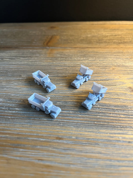 Z SCALE 1:220 CONSTRUCTION VEHICLES. DUMP TRUCKS. (4pk). LIFTED & UNLIFTED