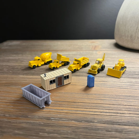 N SCALE1:160 CONSTRUCTION SCENE (8pc Set) Vehicles, Dumpster, PortaPotty, Office